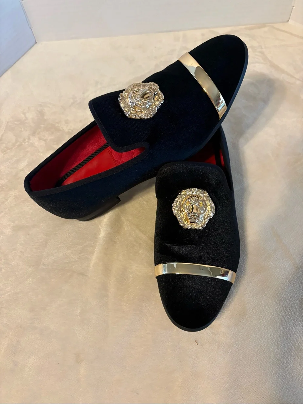 Tai Black Velvet Loafers with Gold Medallion and Gold Toe Accent